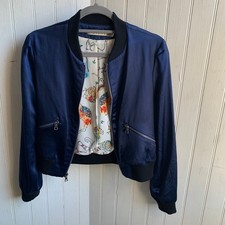 Alice Olivia Blue Satin Bomber Jacket Zip Slant Pockets Elephant Lined Classic