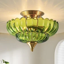 Semi Flush Mount Ceiling Light Fixture Scalloped Green Glass Chandelier Bedroom