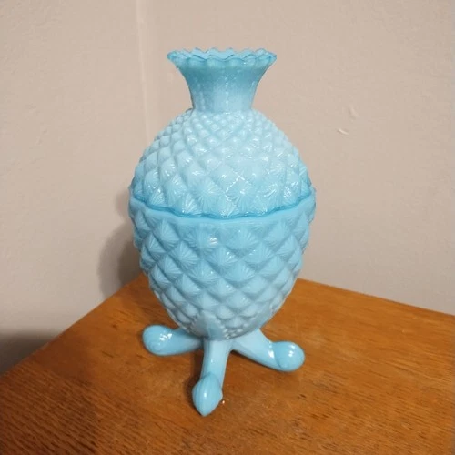 PORTIEUX VALLERYSTHAL Blue Opaline Milk Glass Pineapple Candy Dish Compote w Lid