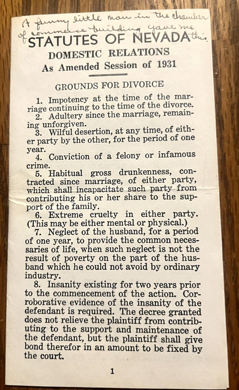 State of Nevada 1931 Grounds for Divorce brochure