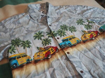 VTG Aloha Republic Blue Floral Cars Surf Beach Hawaiian Camp Shirt Mens XL USA