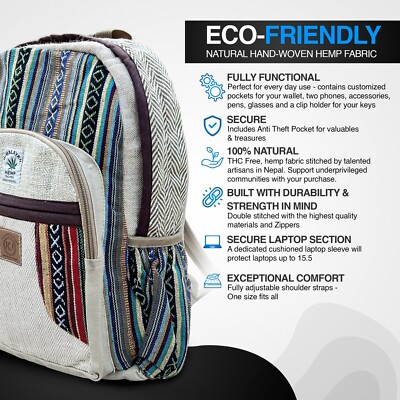Natural Hemp Multi Pockets Bag Bohemian Hippie Backpack Hand  display picture 1
