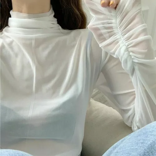 Lady Mesh Blouse See Through Sheer Casual Tops Long Sleeve Turtle Neck Thin Sexy - Picture 19 of 29