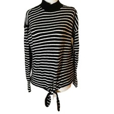Loft Dark Blue White Stripe Wool Blend crew neck long sleeve sweater SP