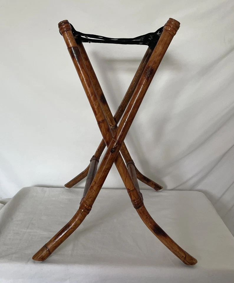 Vintage Boho Bamboo Wicker Rattan Serving Tray Mid Century With Folding Stand - Image 3 of 4