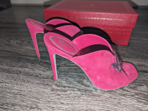 Rene Caovilla Suede Crystal Snake Stiletto Mules Like New Fuxia Size 6.5B 36.5 - Picture 8 of 11