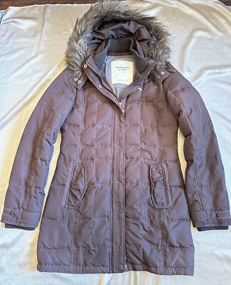 ABERCROMBIE FITCH Large Down Puffer Jacket Quilted Brown Faux Fur Hood  Coat