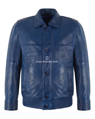 Herren Bomber Lederjacke Blau Gewachst Klassischer Kragen Blouson Retro Style Jacke