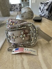 BB Simon LT Pink Hair On Leather Belt Sz XL Swarovski Light Rose Pink Crystals