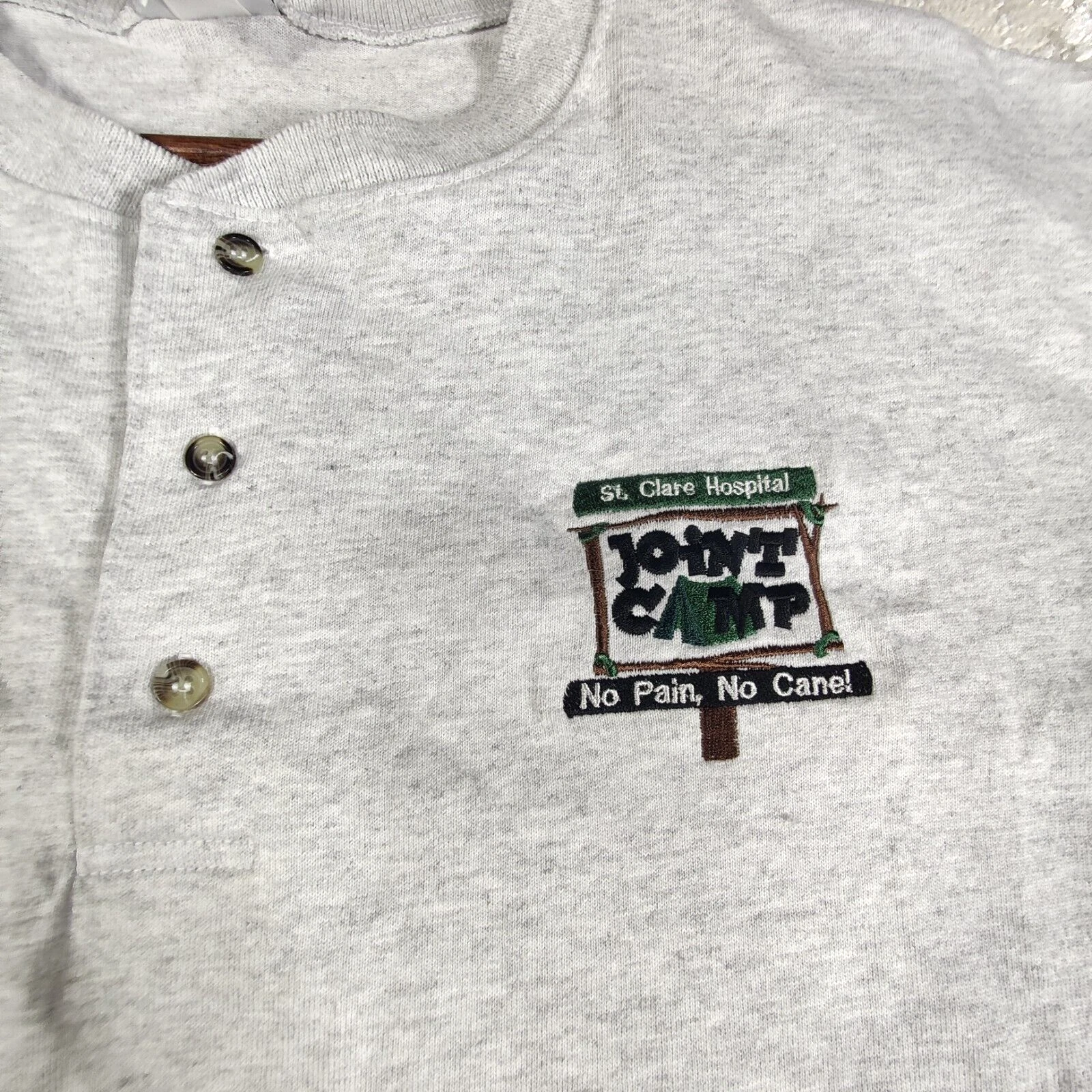 VTG St. Claire Joint Camp No Pain No Cain Shirt Mens XL Gray Henley Button-Up