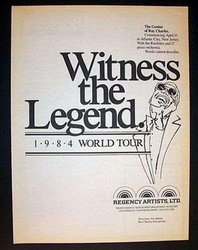 Ray Charles Witness The Legend World Tour 1984 Posrter Type Ad, Promo Advert
