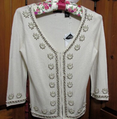 VS MODA International Silk Blend Ivory Cardigan Sweater sz Small Embellishments