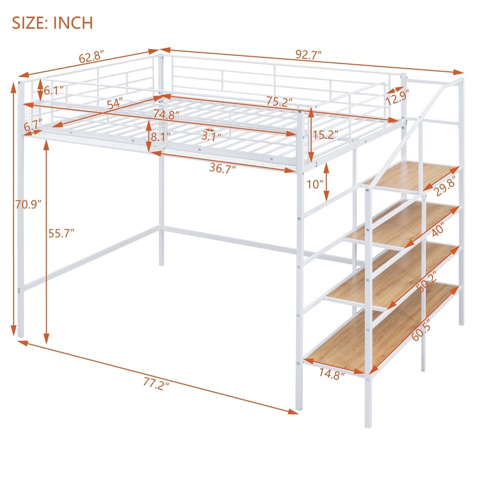 Full Size Loft Bed with Upper Grid Shelf and Lateral Storage Ladder