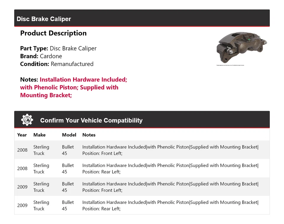 Pinza de freno de disco Cardone para camión Sterling Bullet 45 2008-2009 Foto 2 de 4