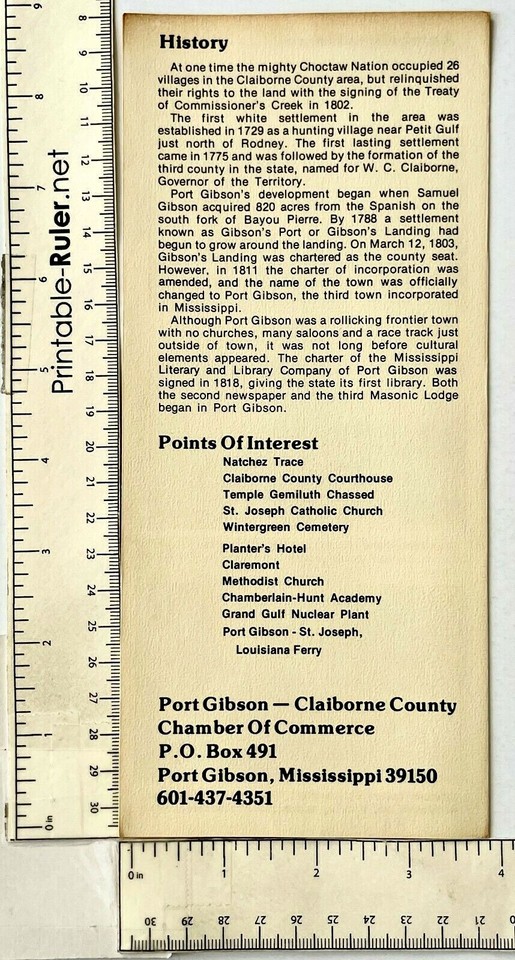 1970s Port Gibson Claiborne County Mississippi Vintage Travel Brochure
