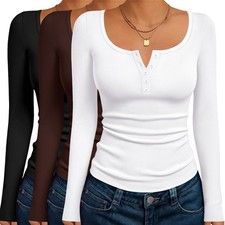 Womens Long Sleeve Shirts 3 Packs Henley Fitted Tops Basic Base Layer Fall Ou...