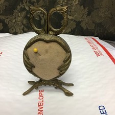Vintage Brass Metal Owl Blue Sewing Pin Cushion Stand With Scissors
