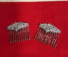 Set of 2 Silver Leaf Crystal Rhinestone Bridal Hair Combs Metal/Chain