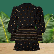 Farm Rio | Long Sleeve Crepe Smocked Mini Dress | Embroidery & Beads | XL