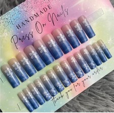 Extra long square press on nails blue white flowers nude handmade ombré