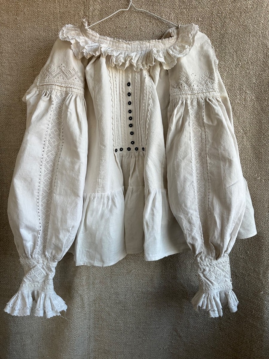1920s Romanian Folk Blouse • Antique Hand Embroidered Linen Shirt 
