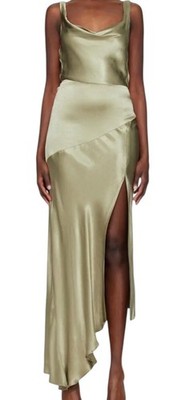 BEC + BRIDGE Green Moon Dance Asymmetrical Maxi Dress Bias Viscose Satin US 14