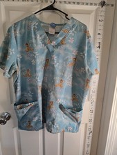 Disney Bambi Patterned Unisex Scrub Top Swim Blue Size L V-Neck Medical Industry