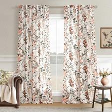 Extra Long 120 Inch Beige White Floral Bird Linen Curtains 2 Panels Back Tab ...