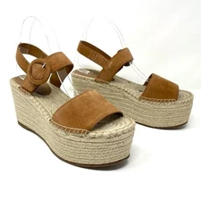 Marc Fisher LTD Rex Suede Platform Wedge Espadrille Sandals Tan Peep Toe 10 NIB