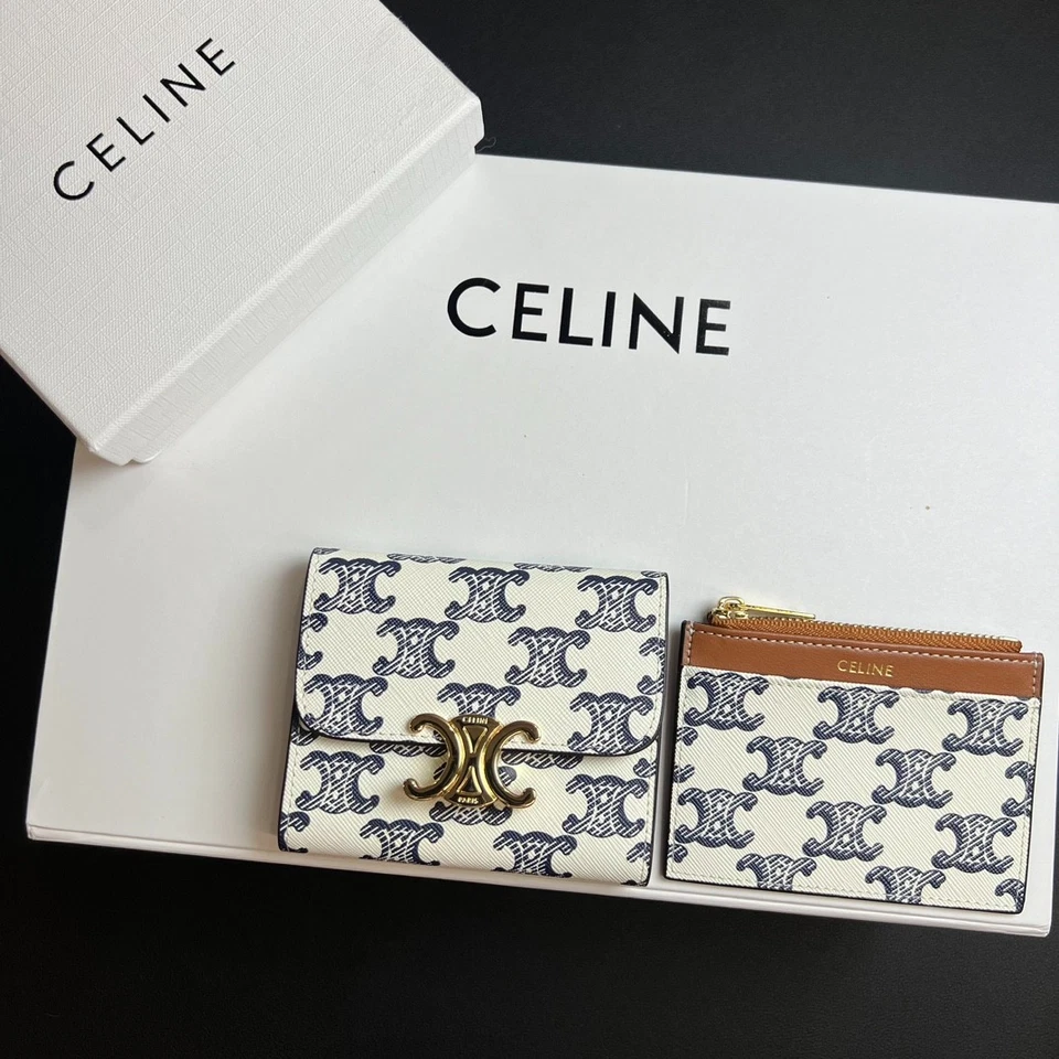 Cartera pequeña de lona CELINE Triomphe con adornos de cuero marrón | Cartera plegable de lujo Foto 2 de 4