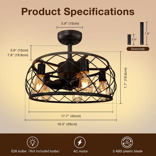 Enclosed Ceiling Fan Round Adjustable Download Wind 3 Speeds Timing Remote Co... - Picture 2 of 5