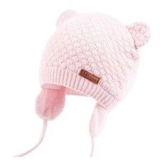 Duoyeree Baby Winter Hat Earflap Cotton Lining Knit 6-12 Months, Bear Pink