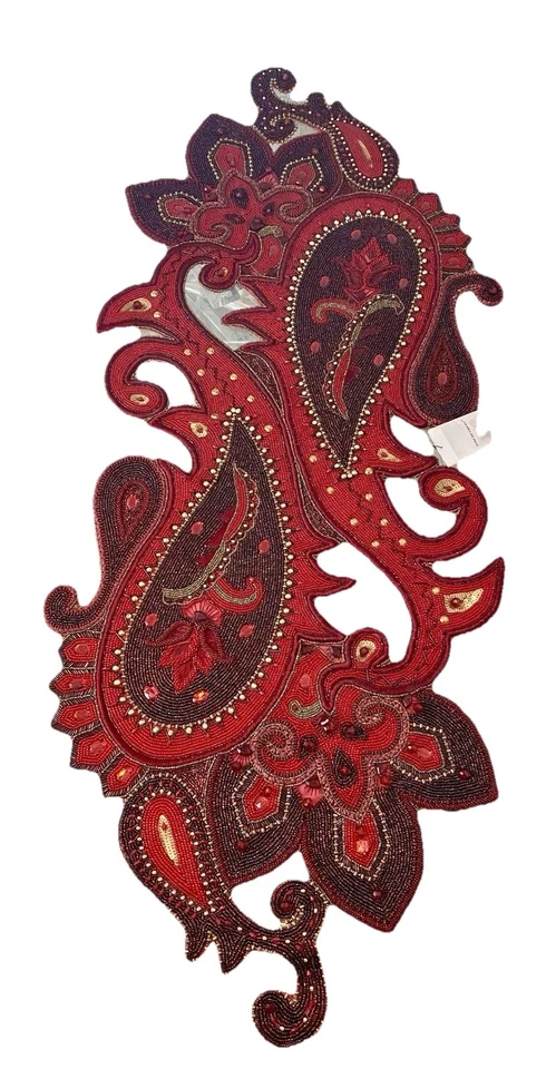 Kim Seybert Red Gold Holiday Decor Christmas Paisley Beaded Table Runner READ - Image 2 of 4