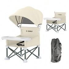 Foldable Travel Baby Booster Seat High Chair Sun Shade Canopy Tray Beige Outdoor