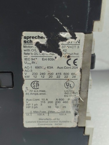 Sprecher+Schuh CA3-37-N-11 Démarreur De Moteur Contacteur 220-230V 50Hz 260V - Picture 8 of 8