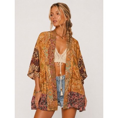 Karma Highway Paisley Boho Kimono Cardigan Metallic Gold Orange One Size NWOT