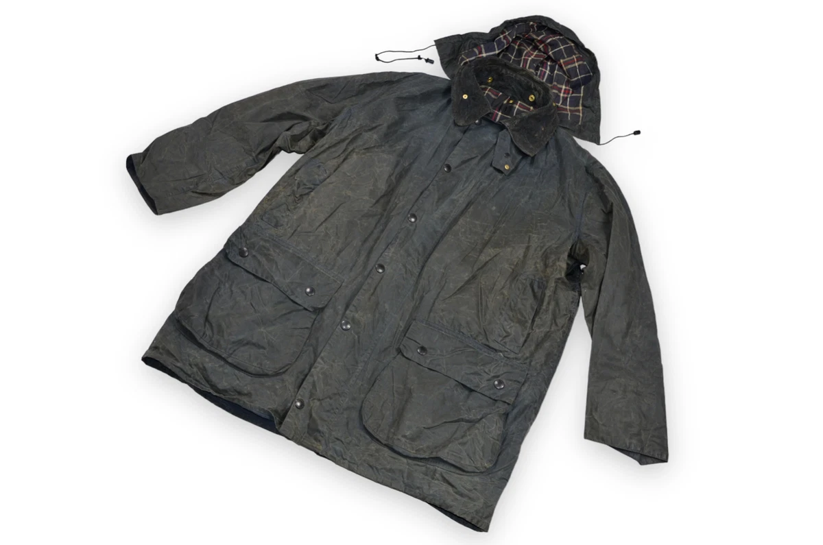 Men s Barbour Border Vintage Wax Jacket Hood Navy Blue England Classic C44 112cm