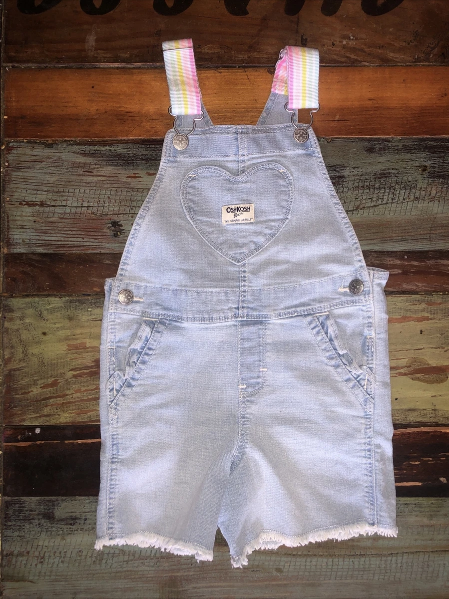OshKosh denim overalls girls 4T rainbow strap sweetheart pocket light wash short