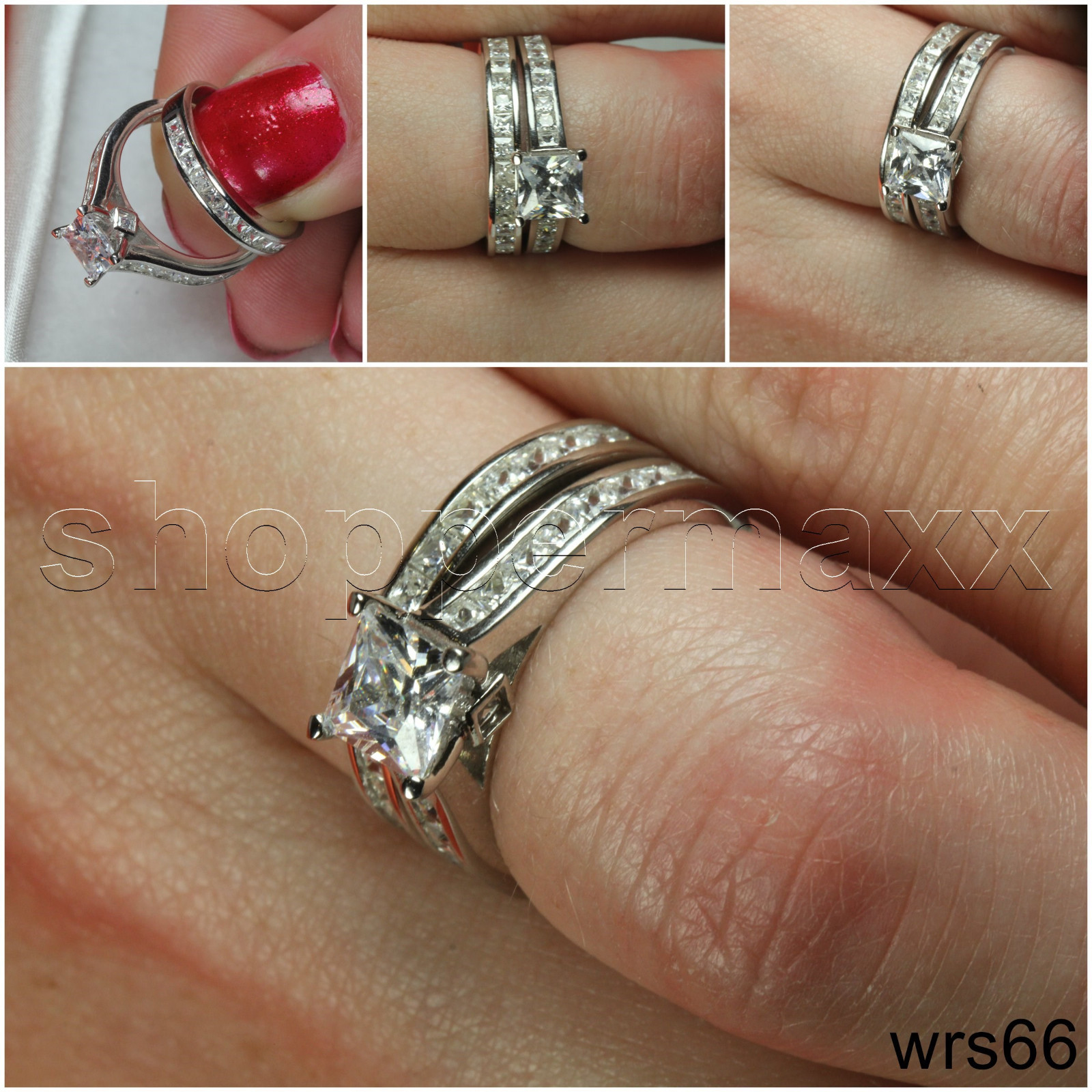 Engagement Ring Wedding Ring Set- Sterling Silver 925 Nickel Free Princess Cut-image