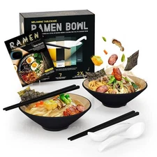 2 Sets Ramen Bowls with Chopsticks & Spoons 20oz Plastic Housewarming Gift