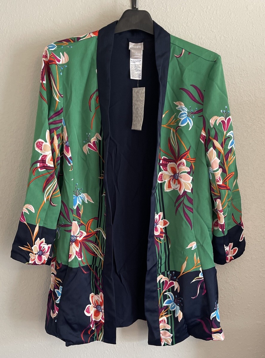 Chico's Jacket Japanese Kimono Reversible Botanical Green Navy Mid