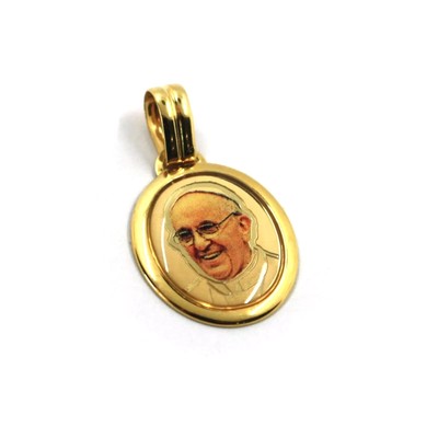 CIONDOLO MEDAGLIA IN ORO GIALLO 18K, PAPA FRANCESCO, OVALE, SMALTATA, 21x18 MM