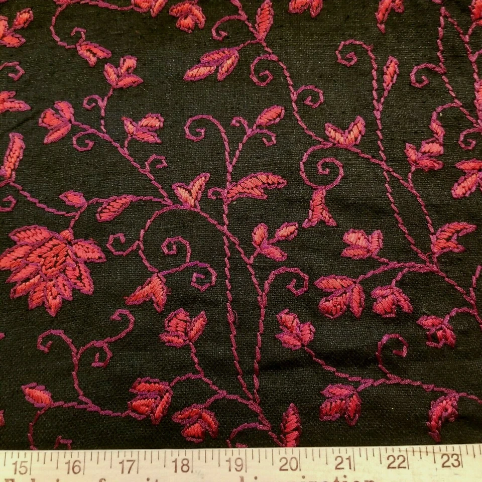 Black Raw Silk Suiting Embroidered with Beautiful Red & Burgundy Floral Design - image 2 of 4