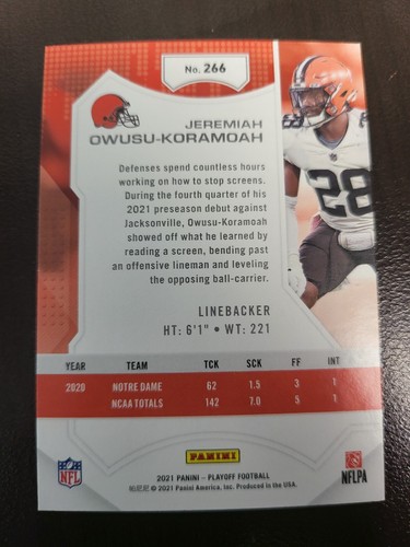2021 Playoff Jeremiah Osusu-koramoah RC GOAL LINE card #266 - Picture 2 of 2