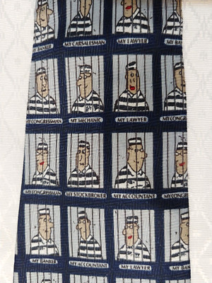 Deborah Handmade Men's Necktie Retro Cartoon Prisoners Black Gray 4'' wide