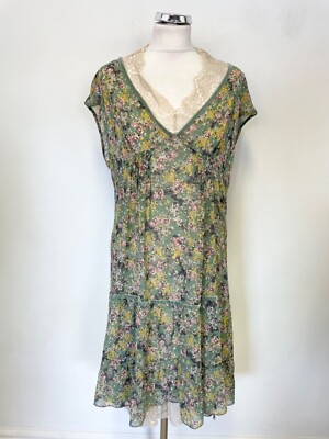 DOPPELSET VON SIMONA BARRIERI GRÜN BLUMEN & CREME SPITZENSLIP GEFÜTTERT-KLEID GRÖSSE XL