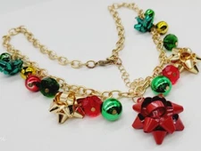 CHRISTMAS CHARM Necklace BOW Statement Gold tone ART DECO 21 in
