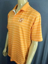 ADIDAS Golf Polo Mens Large Orange & White Striped SS CLIMACOOL Polo Trace Logo