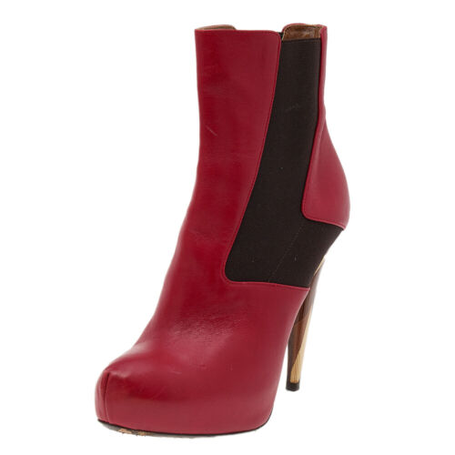 Fendi Red/Brown Leather And Stretch Fabric Platform Ankle Boots Size 37.5 - Picture 1 of 7