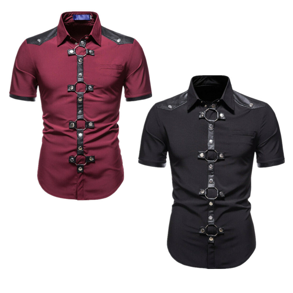【KOOLOSET】Gotham Rivet Patch Short Sleeve Shirt Men Gothic Punk Rock Shirt Short Sleeve T-Shirt PU Patchwork